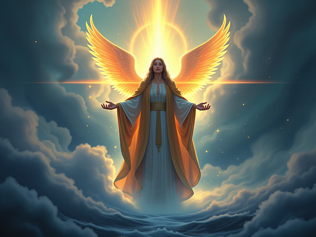  celestial being with radiant robes, standing serenely amidst a chaotic storm. aura of calm and peace surrounds, symbolizing mastery of inner serenity inspiring others.. the style is digital art illustration,highly detailed, whimsical,magical, dreamlike atmosphere, realism and fantasy blend, smooth, glossy textures,luminous quality, wonder and enchantment.