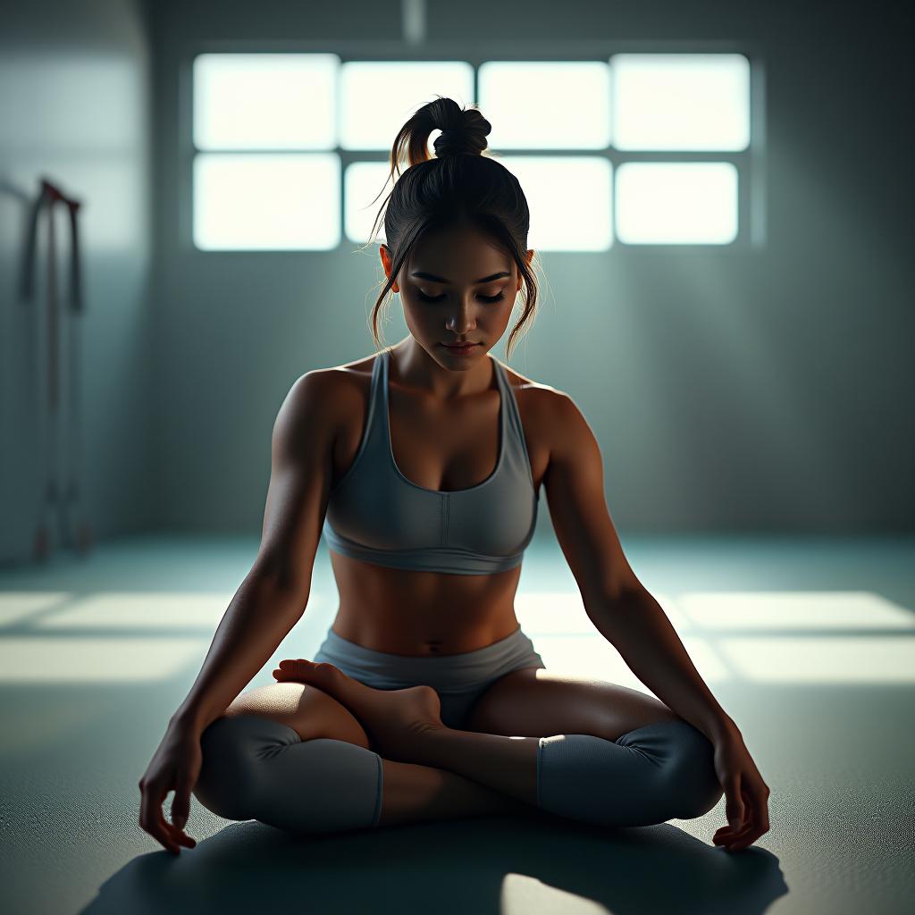  the girl is doing stretching in a sports studio. hyperrealistic, full body, detailed clothing, highly detailed, cinematic lighting, stunningly beautiful, intricate, sharp focus, f/1. 8, 85mm, (centered image composition), (professionally color graded), ((bright soft diffused light)), volumetric fog, trending on instagram, trending on tumblr, HDR 4K, 8K