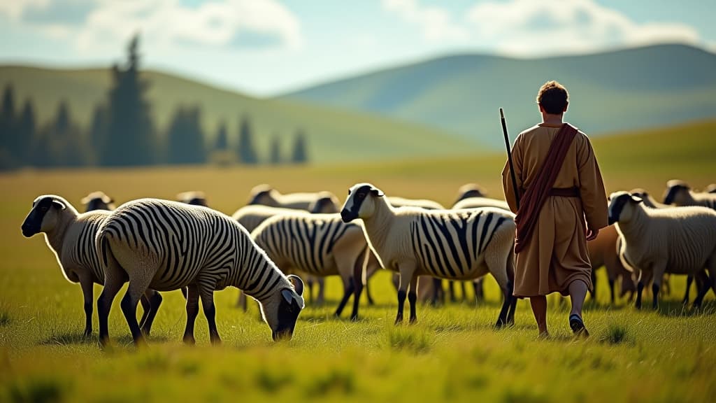  biblical times, jacob's salary: a vivid scene depicting striped and spotted sheep grazing in a lush pasture, under a bright sky, showcasing various patterns on the sheep's wool. the background includes rolling hills and trees, with jacob tending to his flock, highlighting the unique beauty of these animals. hyperrealistic, full body, detailed clothing, highly detailed, cinematic lighting, stunningly beautiful, intricate, sharp focus, f/1. 8, 85mm, (centered image composition), (professionally color graded), ((bright soft diffused light)), volumetric fog, trending on instagram, trending on tumblr, HDR 4K, 8K