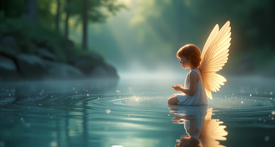  sparkling lake, shimmering reflection, pensive angel, ethereal connection, heartfelt resonance. the style is digital art illustration,highly detailed, whimsical,magical, dreamlike atmosphere, realism and fantasy blend, smooth, glossy textures,luminous quality, wonder and enchantment.