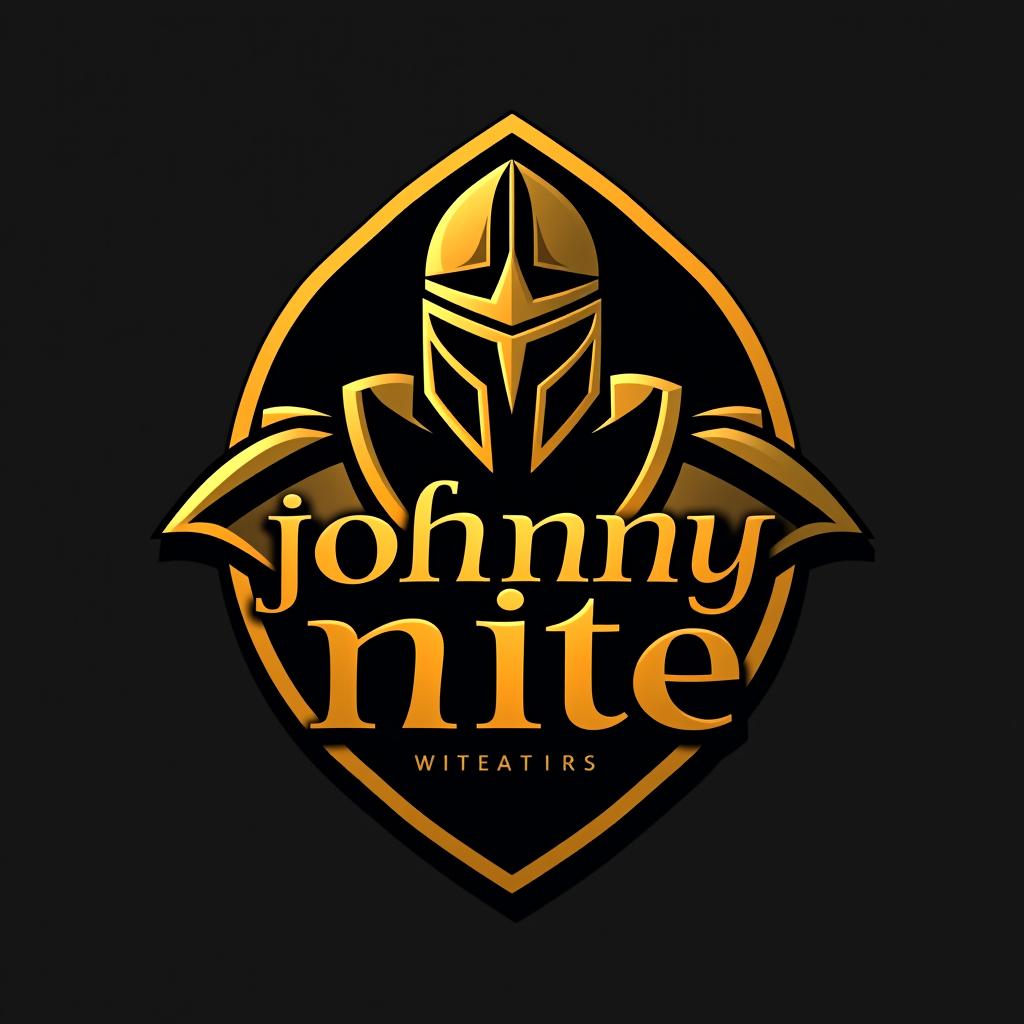  design a logo, in a threedrender style. knight gold and black, with the text 'johnny nite'.