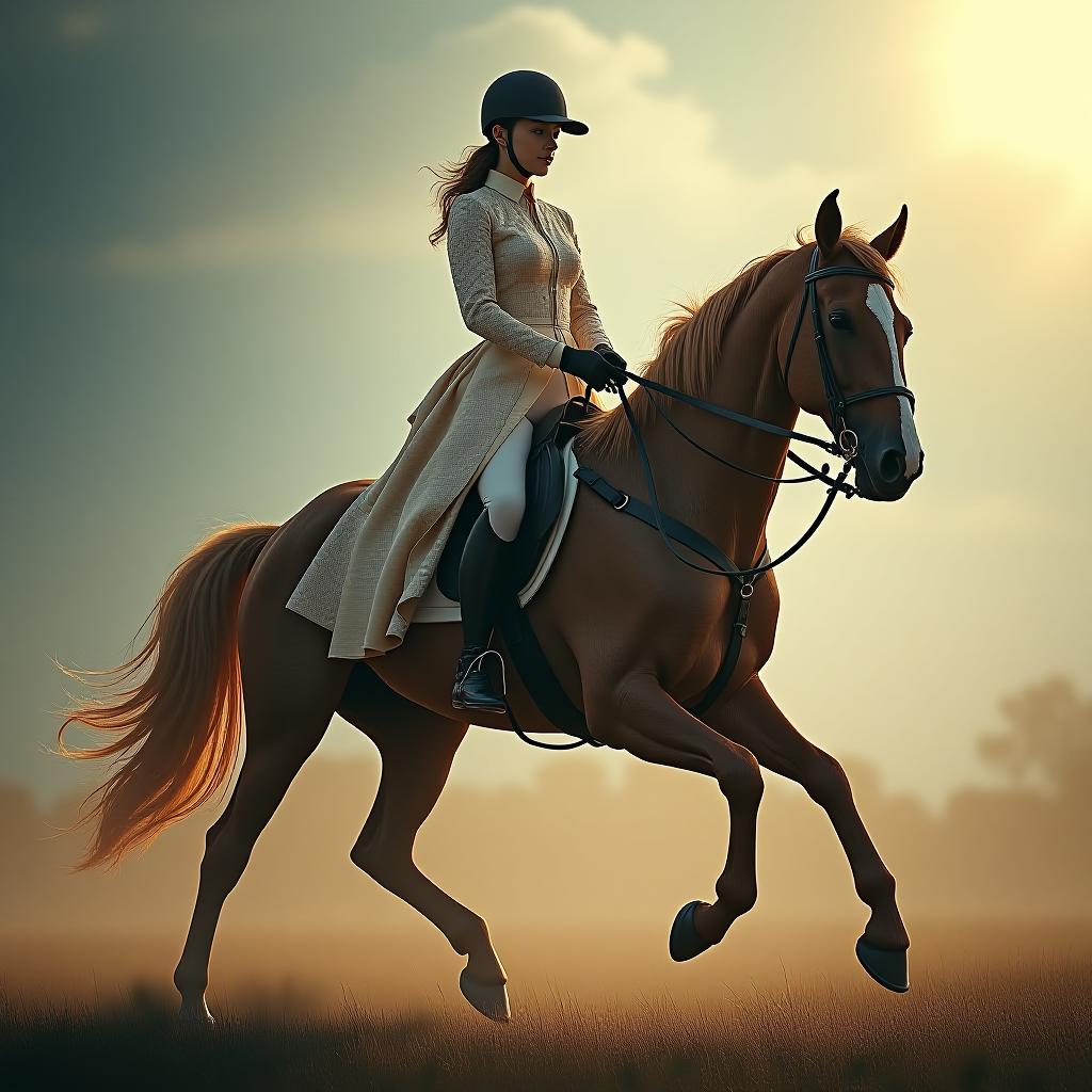  designfemale horse riding outfit co designed by louis vuitton hyperrealistic, full body, detailed clothing, highly detailed, cinematic lighting, stunningly beautiful, intricate, sharp focus, f/1. 8, 85mm, (centered image composition), (professionally color graded), ((bright soft diffused light)), volumetric fog, trending on instagram, trending on tumblr, HDR 4K, 8K