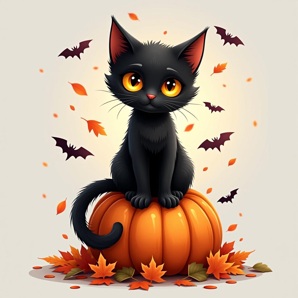  a cute black cat with glowing eyes sitting on a pumpkin, surrounded by swirling autumn leaves in a whimsical style, with warm, moody lighting. t shirt design, vector, contour, white background, no mockup hyperrealistic, full body, detailed clothing, highly detailed, cinematic lighting, stunningly beautiful, intricate, sharp focus, f/1. 8, 85mm, (centered image composition), (professionally color graded), ((bright soft diffused light)), volumetric fog, trending on instagram, trending on tumblr, HDR 4K, 8K