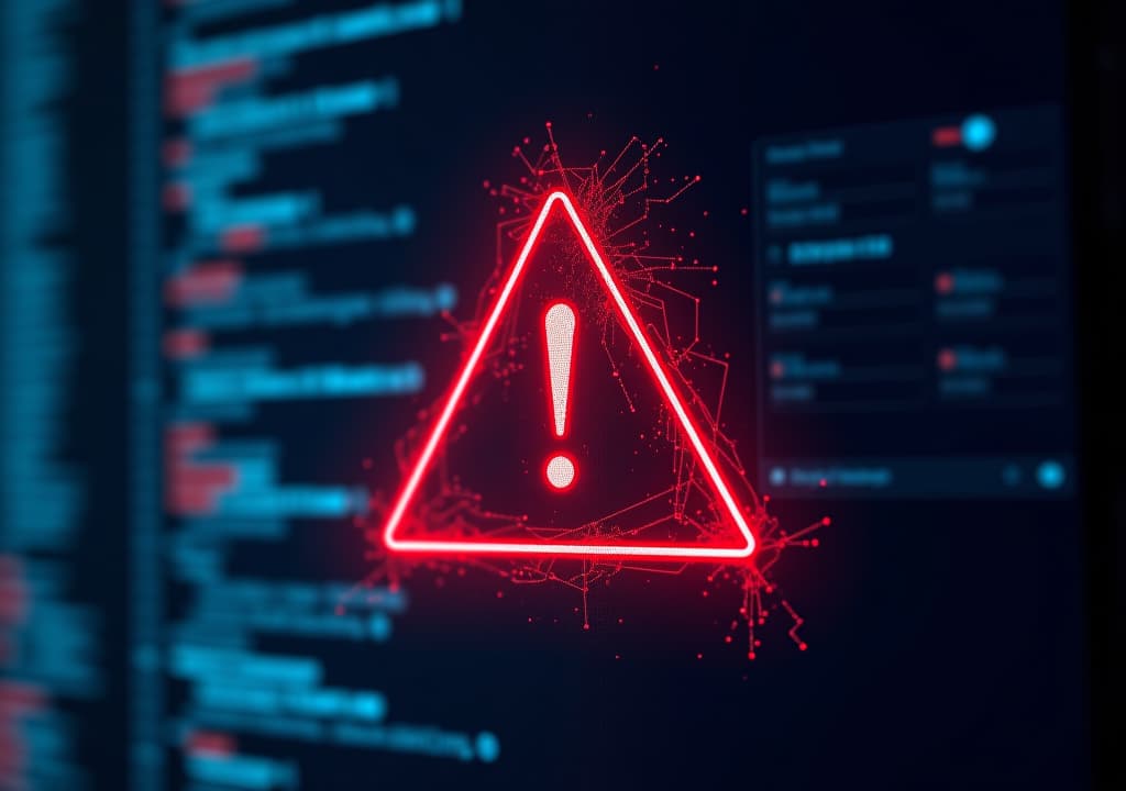  a red exclamation mark on a digital screen background an abstract concept of security and cyber attack is depicted with a red triangle frame icon of a broken or attacked computer network