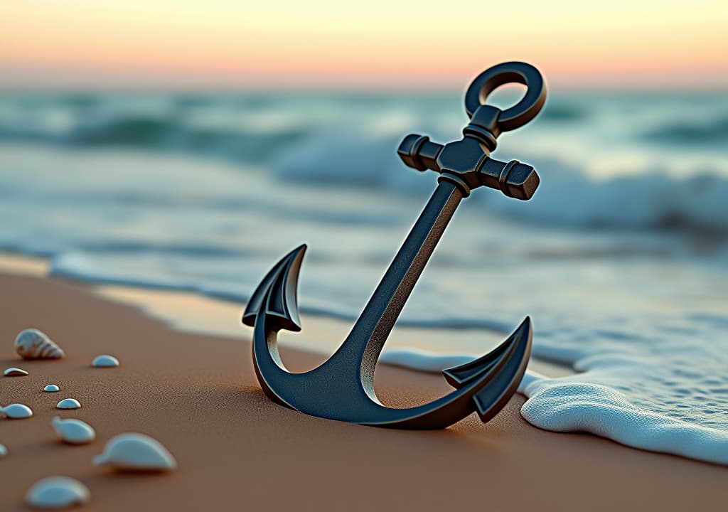  a serene coastal scene at dawn, featuring a large, intricately designed anchor partially submerged in soft, golden sand, surrounded by gentle waves and delicate seashells, embodying strength, stability, and hope against a pastel sky. hyperrealistic, full body, detailed clothing, highly detailed, cinematic lighting, stunningly beautiful, intricate, sharp focus, f/1. 8, 85mm, (centered image composition), (professionally color graded), ((bright soft diffused light)), volumetric fog, trending on instagram, trending on tumblr, HDR 4K, 8K