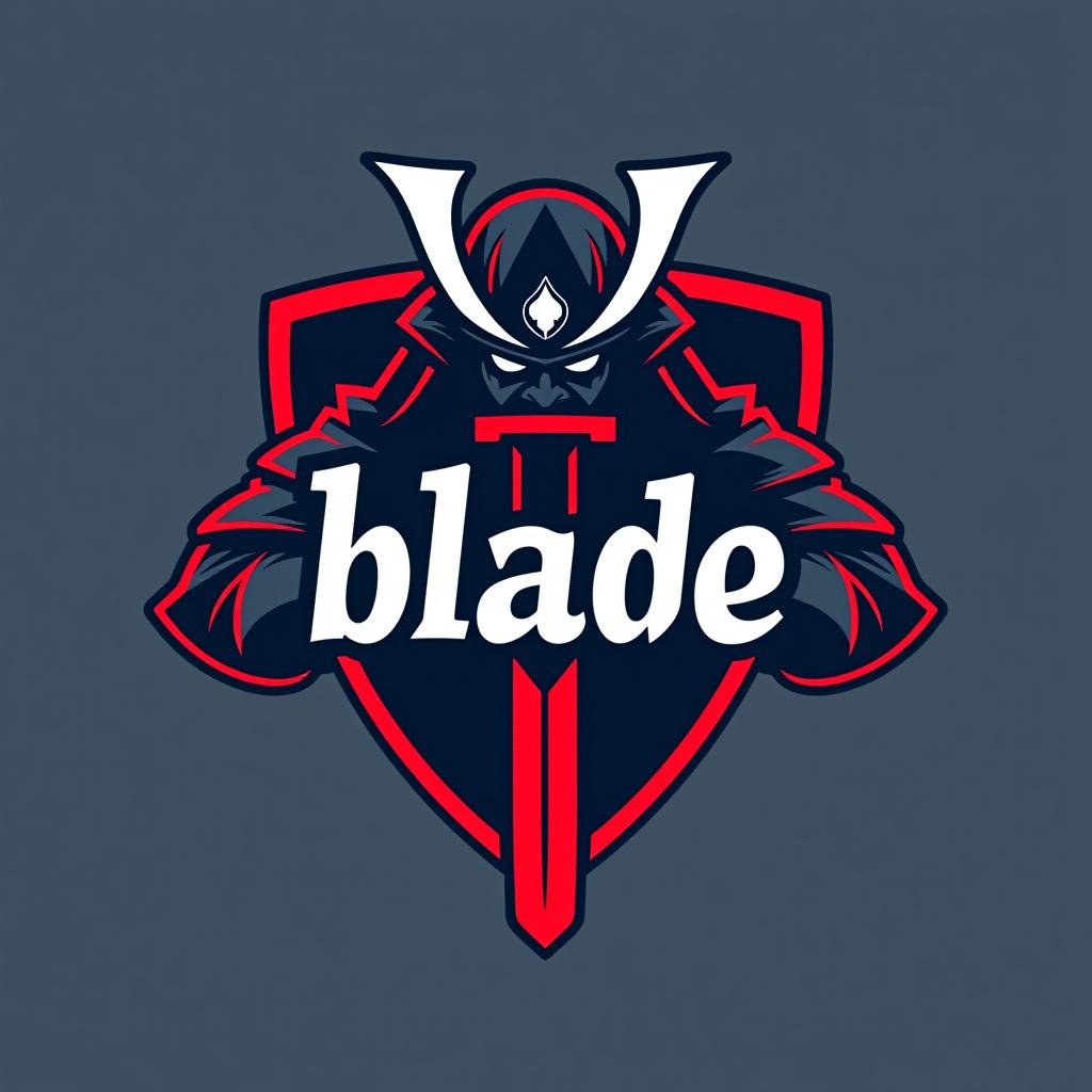  design a logo, emblem logo, with the written text ‘blade’, samurai theme, red and blue.