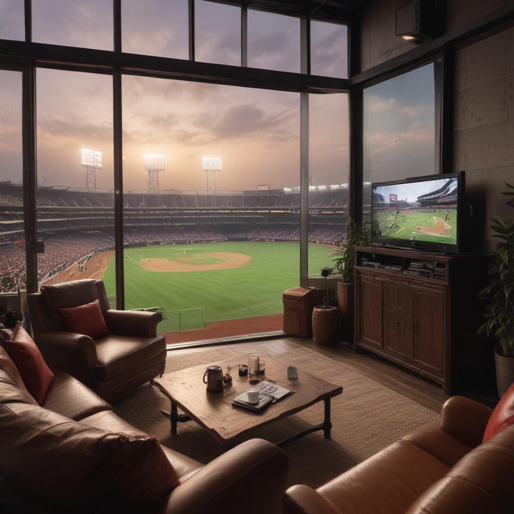 ((masterpiece)),(((best quality))), 8k, high detailed, ultra detailed, A luxury suite at the Rakuten Monkeys International Baseball Stadium, A view of the field from the box seats, Comfortable leather chairs, A mini bar with assorted drinks, A large flat screen TV displaying the game in progress, Glass windows overlooking the stadium hyperrealistic, full body, detailed clothing, highly detailed, cinematic lighting, stunningly beautiful, intricate, sharp focus, f/1. 8, 85mm, (centered image composition), (professionally color graded), ((bright soft diffused light)), volumetric fog, trending on instagram, trending on tumblr, HDR 4K, 8K