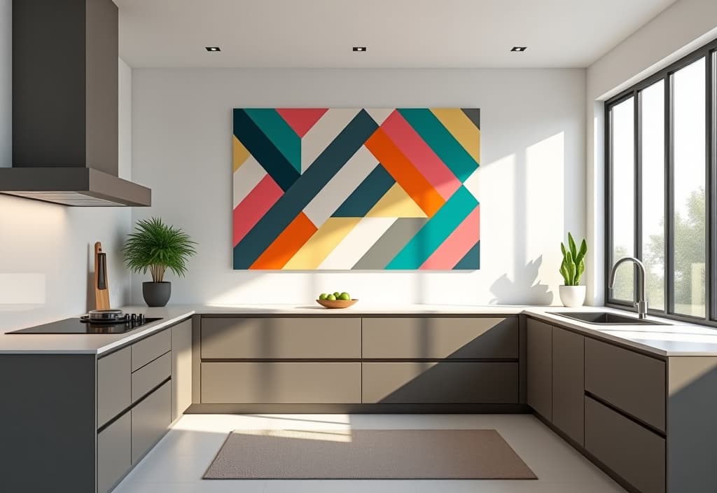  a landscape photo of a sleek modern kitchen with a large diy geometric wall art made from colorful washi tape, creating a bold focal point against a white wall hyperrealistic, full body, detailed clothing, highly detailed, cinematic lighting, stunningly beautiful, intricate, sharp focus, f/1. 8, 85mm, (centered image composition), (professionally color graded), ((bright soft diffused light)), volumetric fog, trending on instagram, trending on tumblr, HDR 4K, 8K