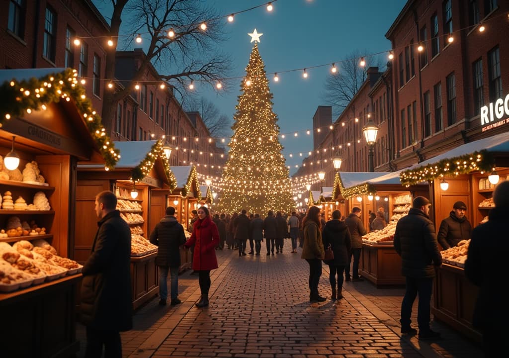  a festive scene at the christmas market in the distillery district, showcasing twinkling lights adorning cobblestone streets, stalls filled with artisanal crafts and seasonal treats, people enjoying mulled wine and roasted chestnuts, with a grand christmas tree sparkling in the center, capturing the warmth and joy of the holiday season. hyperrealistic, full body, detailed clothing, highly detailed, cinematic lighting, stunningly beautiful, intricate, sharp focus, f/1. 8, 85mm, (centered image composition), (professionally color graded), ((bright soft diffused light)), volumetric fog, trending on instagram, trending on tumblr, HDR 4K, 8K