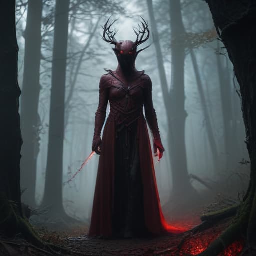 In a dark and eerie forest, a mysterious figure emerges from the shadows. The being, known as Stisteistist, exudes an otherworldly aura. Its form is shrouded in darkness, with glowing crimson eyes piercing through the gloom. Wisps of shadow dance around it, as if controlled by some unseen force. Despite its malevolent presence, there is a sense of unmatched power emanating from Stisteistist. The air around it crackles with energy, as if ready to unleash a devastating force upon any who dare to challenge it. The scene is both captivating and terrifying, drawing the viewer into a world where darkness reigns supreme. fantastical creatures or characters inspired by mythology, folklore, or popular culture. use vibrant colors, sharp lines, intric