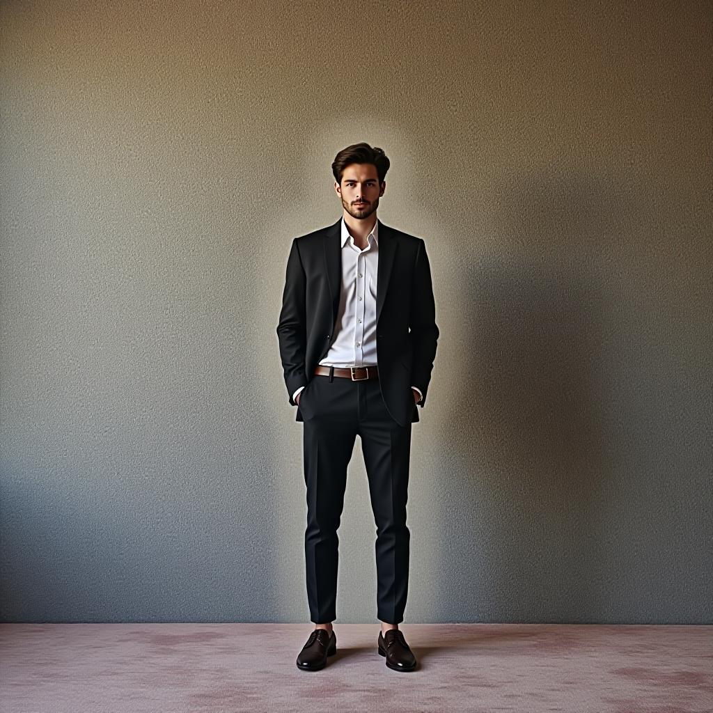  the male model stands against a carpet with a cutout silhouette of a man in the carpet.