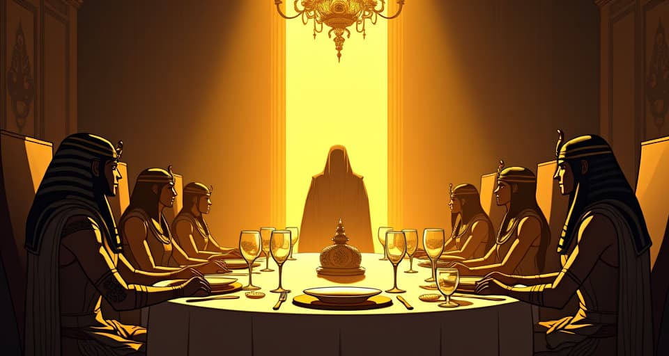  a lavish dinner table under soft golden light, a figure across the table looking intrigued, poised to speak, a mood of revelation. the style is digital art illustration / modern comic book / mysterious occult, symbolic, esoteric vibe,high detail on character design, incorporating ancient egyptian symbology and attire.