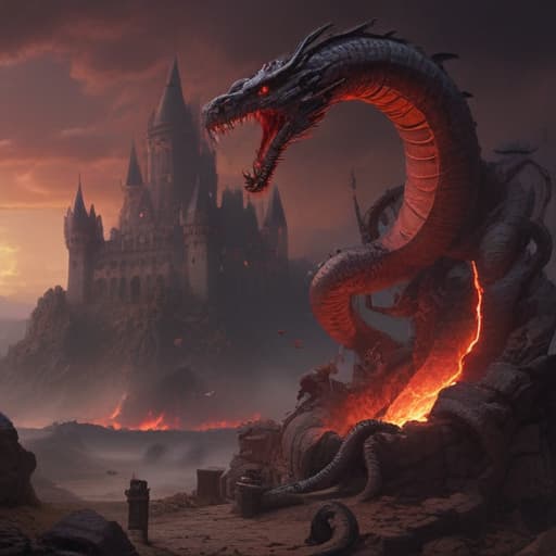 A majestic serpent with dark scales intertwining around a crumbling castle in a desolate wasteland. The serpent's eyes glow with an ominous red light, while a storm brews in the sky above, crackling with lightning. The castle is adorned with ancient symbols and crumbling statues, symbolizing the eternal cycle of destruction and rebirth. Ominous shadows dance around the serpent, hinting at the calamity it brings. fantastical creatures or characters inspired by mythology, folklore, or popular culture. use vibrant colors, sharp lines, intricate details, dynamic poses, dramatic lighting, atmospheric backgrounds, and blend anime, manga, and Western comic influences.