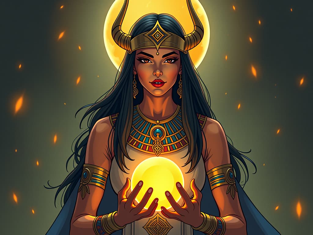  priestess with a serene expression, holding a glowing orb, surrounded by positive energy, symbolizing the focus on positive outcomes. the style is digital art illustration / modern comic book / mysterious occult, symbolic, esoteric vibe,high detail on character design, incorporating ancient egyptian symbology and attire.