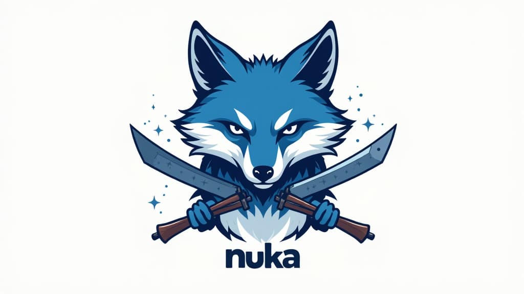  design a logo, un renard bleu et blanc avec des armes , with the text 'nuka'.