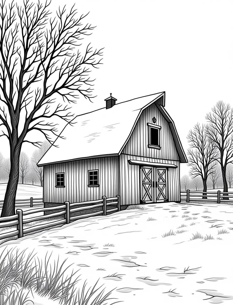  this is for an adult coloring page. a detailed black and white line art of a snowy snow covered barn in a rural winter setting on a solid white background.