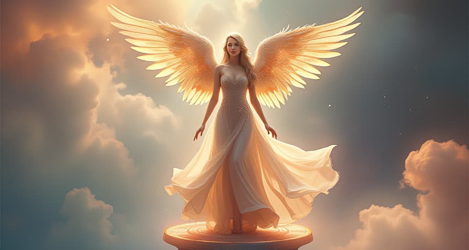  an ethereal angel with glowing floral wings, standing on a celestial platform, surrounded by soft, radiant light. her flowing gown shimmers with magical energy, emitting a serene aura of strength and divinity.. the style is digital art illustration,highly detailed, whimsical,magical, dreamlike atmosphere, realism and fantasy blend, smooth, glossy textures,luminous quality, wonder and enchantment.