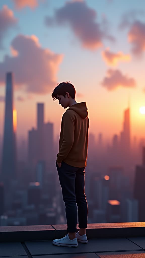  pixar style 3d animation, lonely young man gazing thoughtfully, rooftop city skyline background, dynamic lighting, vibrant colors, detailed textures