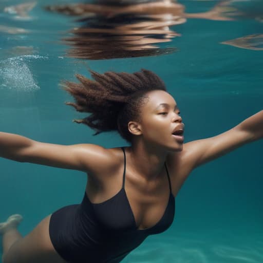 African woman in swimsuit drowning underwater