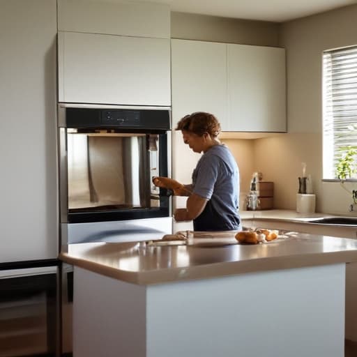 A photo of a technician repairing a malfunctioning microwave in a sleek, modern kitchen during the afternoon with warm, natural sunlight streaming through the window and casting soft shadows across the countertop.