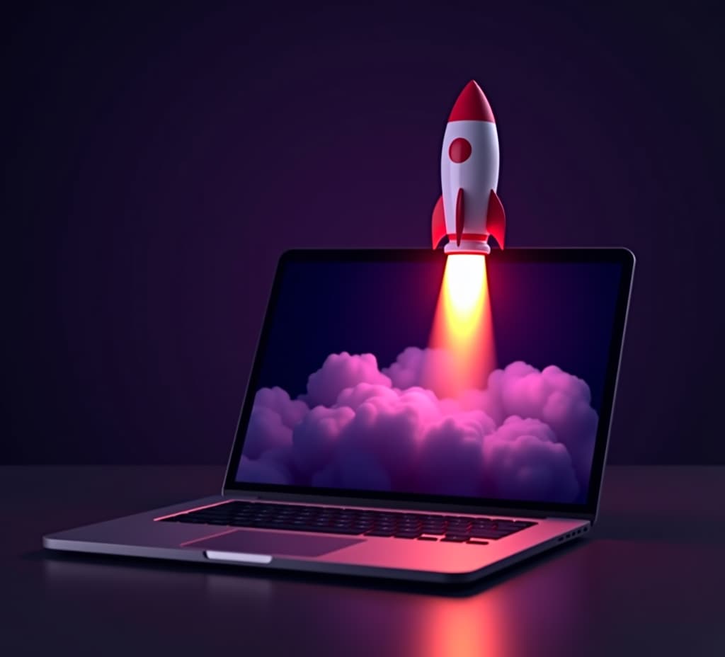  rocket coming out of laptop screen, black purple background