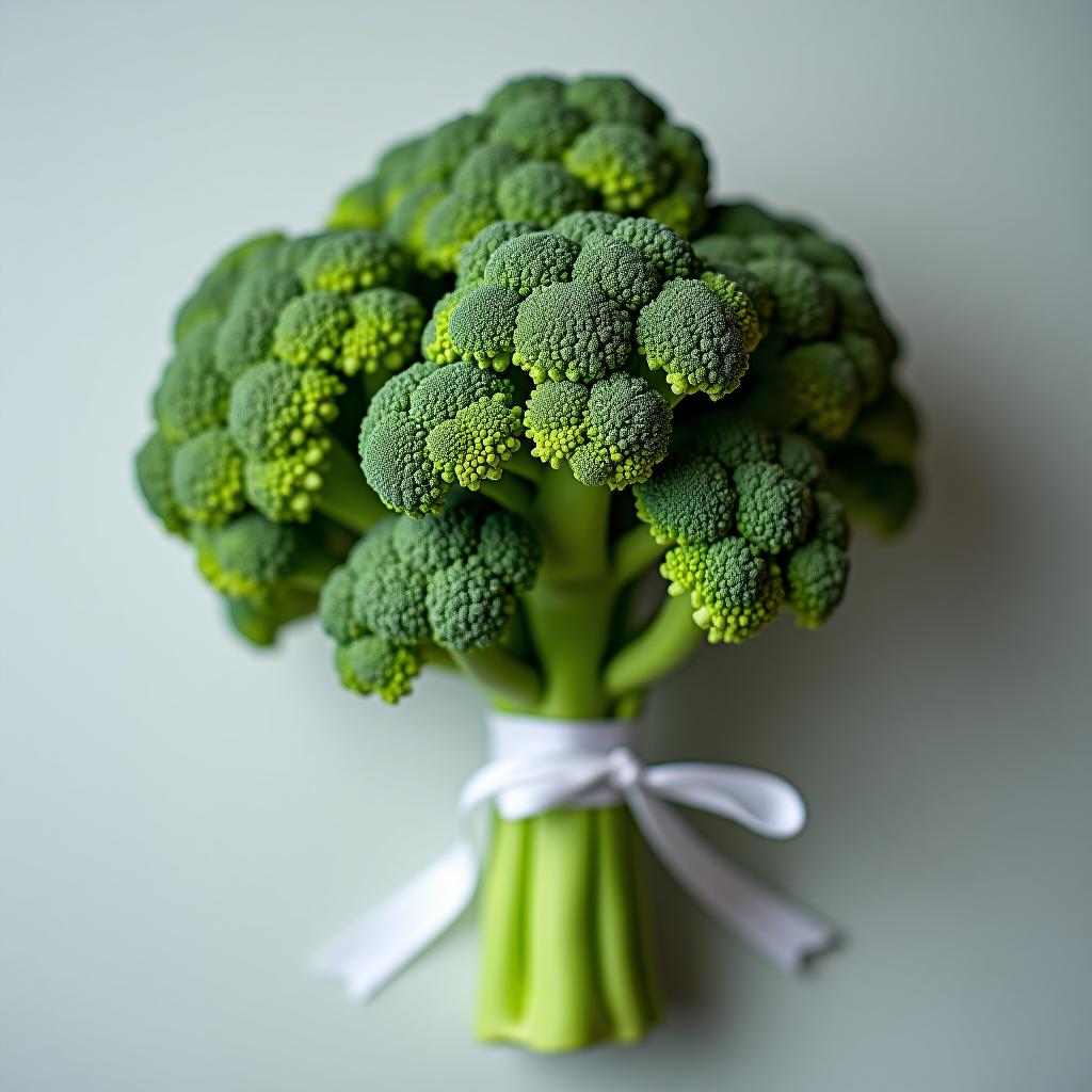  a bouquet of broccoli with a white ribbon and no paper.