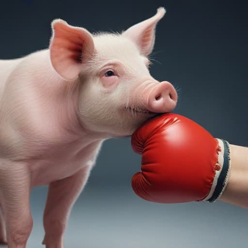 A human arm waering a boxing glove next to a pig