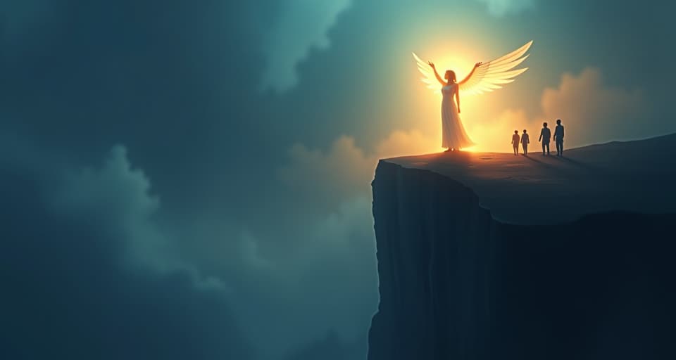  a powerful ethereal being standing on a cliff, illuminated by a glowing inner light. below, dark figures look up in awe and fear, sensing the new found power that no longer relies on their validation.. the style is digital art illustration,highly detailed, whimsical,magical, dreamlike atmosphere, realism and fantasy blend, smooth, glossy textures,luminous quality, wonder and enchantment.