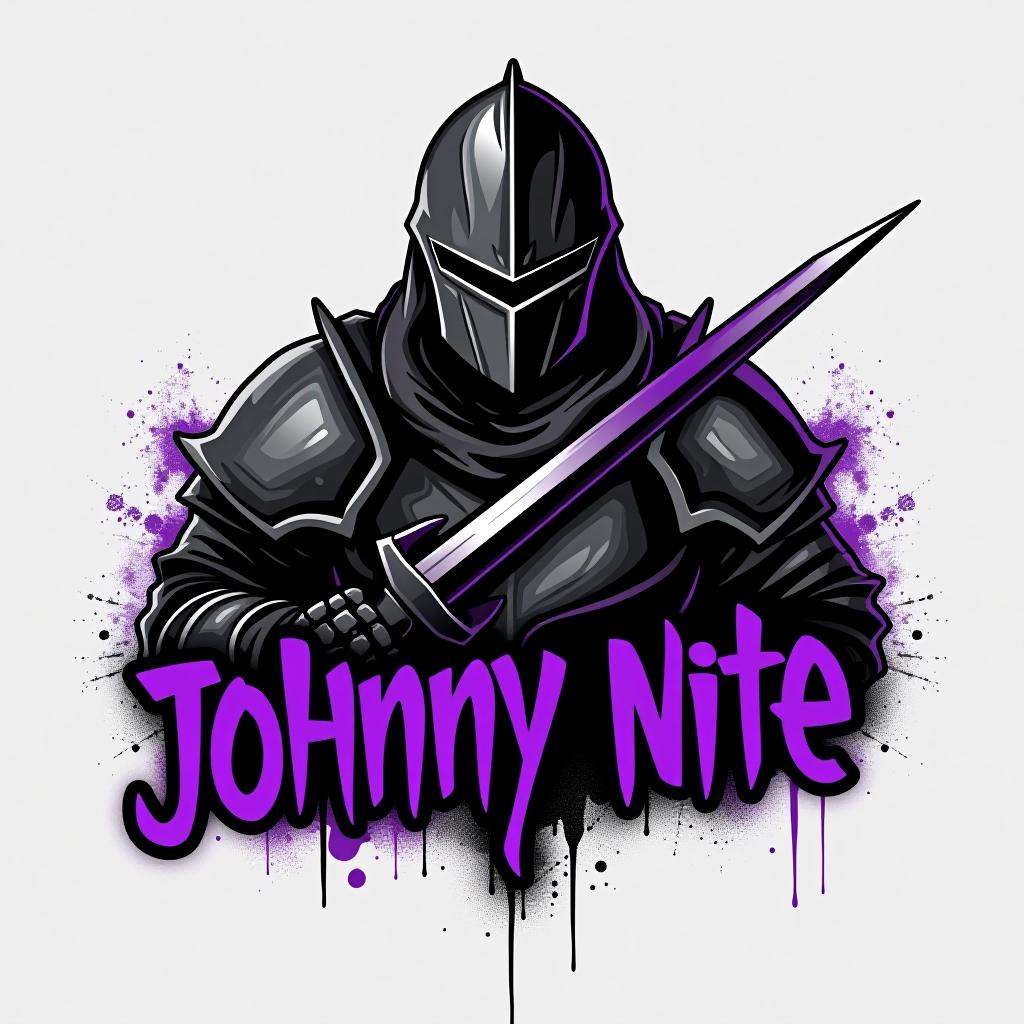  design a logo, in a realism style. knight black and purple graffiti, with the text 'johnny nite '.