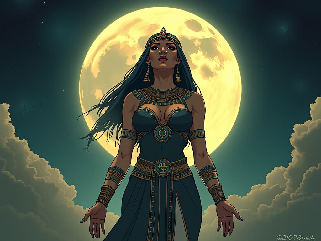  a mystical scene of an egyptian woman, large busted and in form fitting attire, absorbing the energy of the full moon, symbolizing personal growth and transformation. the style is digital art illustration / modern comic book / mysterious occult, symbolic, esoteric vibe,high detail on character design, incorporating ancient egyptian symbology and attire.