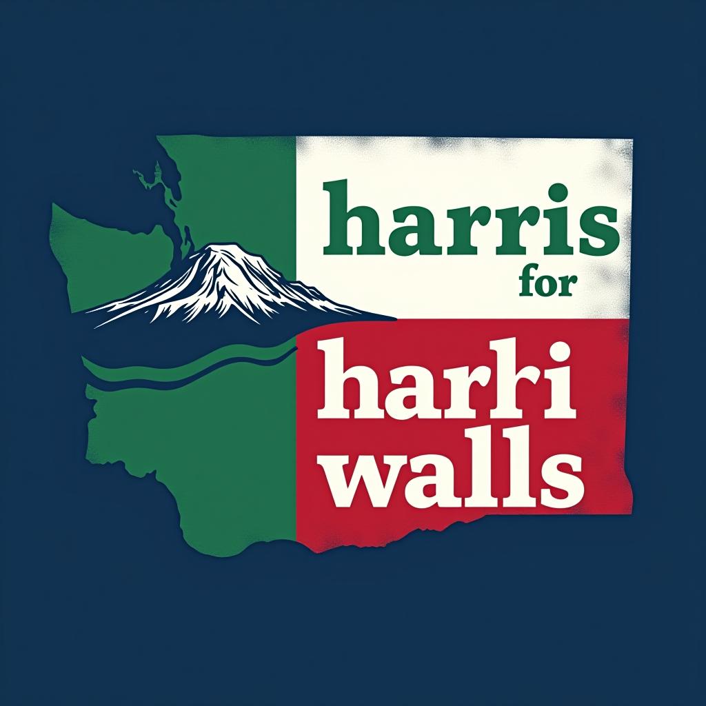  a tshirt design inspired by the washington state flag. the left side features a green vertical stripe with a large mountain in the center. the right side is divided into two horizontal sections: the top section is white with the text 'washington for' in bold, green, uppercase letters, and the bottom section is red with the text 'harris walz 2024' in bold, white, uppercase letters. the overall layout is clean and straightforward, with a clear and patriotic color scheme of blue, white, and red.