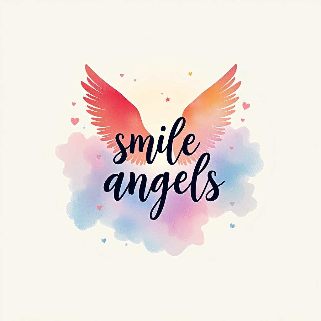  design a logo, in a watercolor style. 美しいデザイン、シンプル、きれいな線、明るいイメージ。, with the text 'smile angels'.