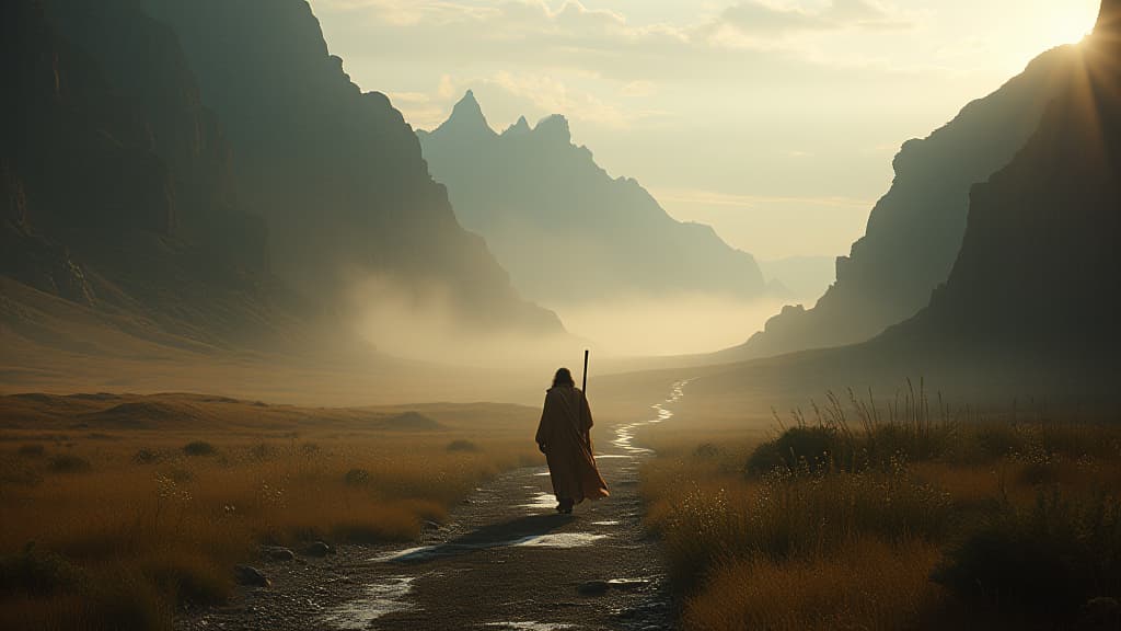  history of biblical times, a portrayal of the deep wilderness where elijah found refuge, reflecting a journey of self discovery. hyperrealistic, full body, detailed clothing, highly detailed, cinematic lighting, stunningly beautiful, intricate, sharp focus, f/1. 8, 85mm, (centered image composition), (professionally color graded), ((bright soft diffused light)), volumetric fog, trending on instagram, trending on tumblr, HDR 4K, 8K