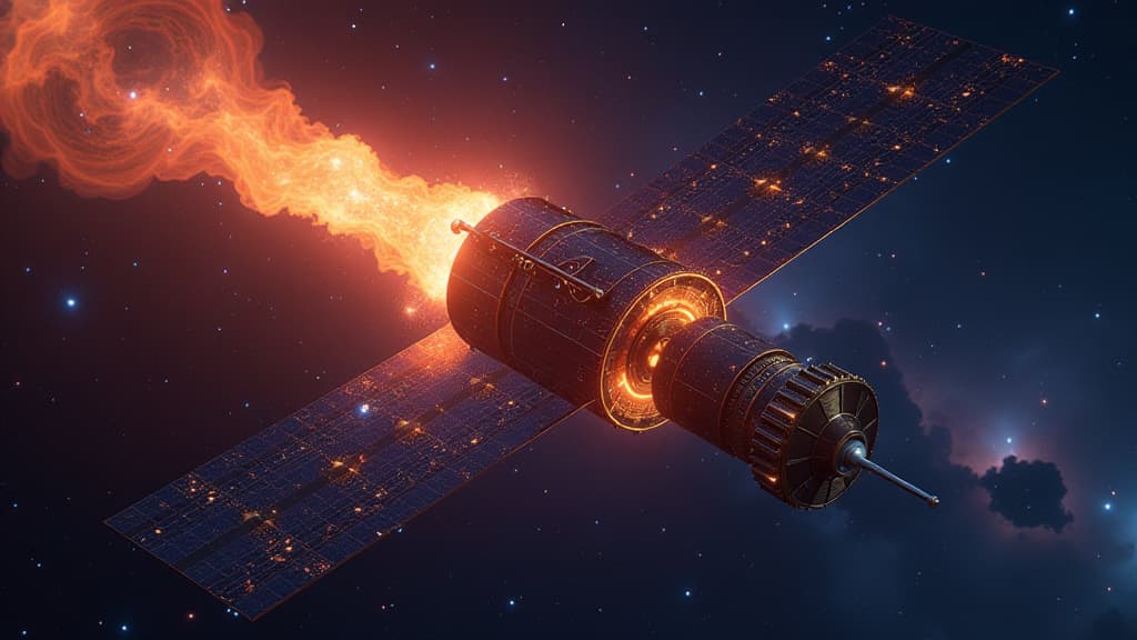  prompt: create a hyper realistic image of the einstein probe, a cutting edge x ray satellite, hovering in space with a backdrop of the variable x ray sky. the telescope's unique design should be prominently featured, showcasing its ability to monitor a large portion of the sky simultaneously. include intense bursts of high energy light captured by the probe, highlighting its capability to discover various x ray sources. incorporate known celestial phenomena alongside newly unveiled cosmic events