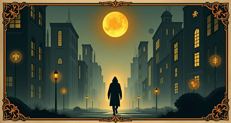  person walking through a city, symbols glowing softly in the environment, discovery, understanding, hidden messages. an illustration in the style of a worn, mystical old tarot trump card, mysterious and elements of surrealism. the colors are muted, somber and eerie, but with contrast bring out an occult and esoteric vibe.