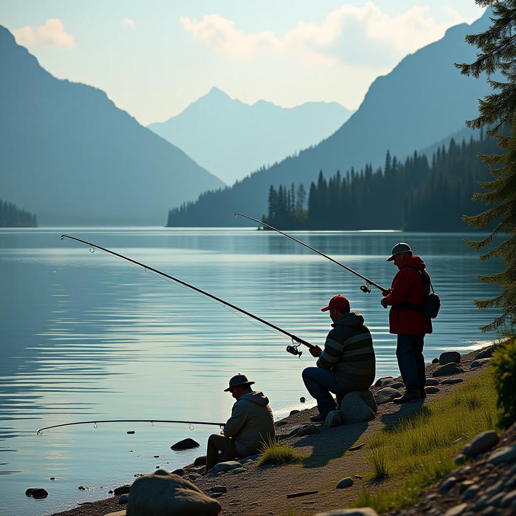  fishermen near the passat by the lake with fishing rods.