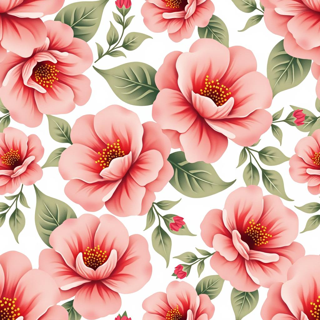  create a seamless digital design featuring a pattern of large, beautiful flowers with soft, watercolor like effects. the flowers should cover the entire surface, creating a bold, elegant, and continuous look. the overall style should be light and airy, with delicate leaves and petals to enhance the natural, floral theme. the design should be seamless to ensure it can be used in repeating patterns or wraps.