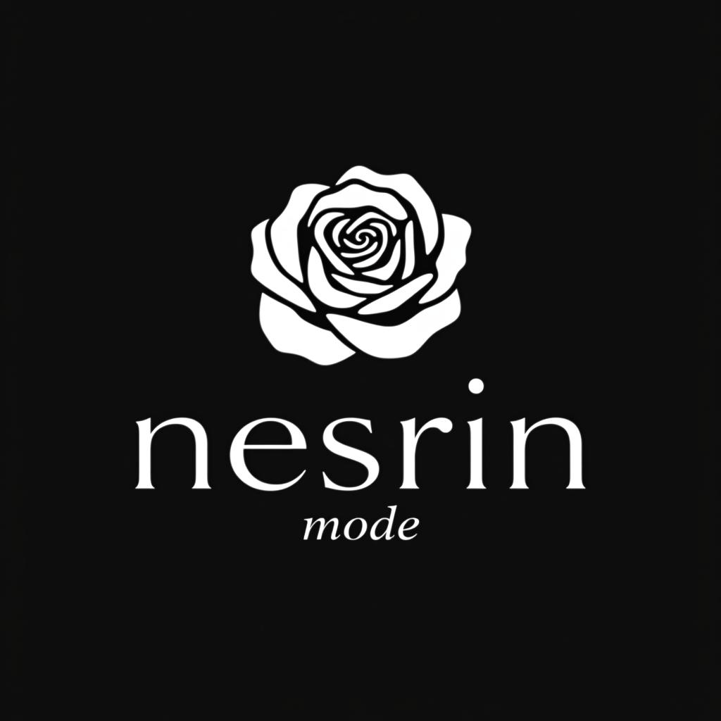  design a logo, erstelle mir ein logo für ein kleider laden elegant schwarz und weiss mit dem namen und eine rose über das bild , with the text 'nesrin mode '.