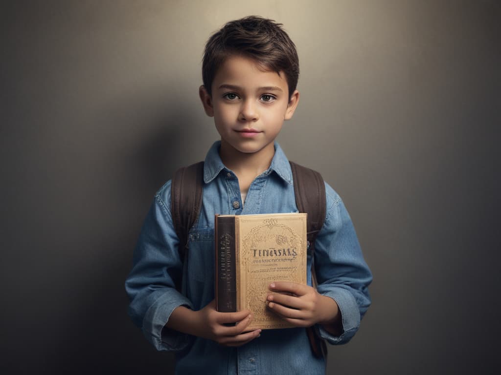 ultra realistic ((ultra realistic ((a child holding a book titled 'tutorials' with various topics on it)))) hyperrealistic, full body, detailed clothing, highly detailed, cinematic lighting, stunningly beautiful, intricate, sharp focus, f/1. 8, 85mm, (centered image composition), (professionally color graded), ((bright soft diffused light)), volumetric fog, trending on instagram, trending on tumblr, HDR 4K, 8K