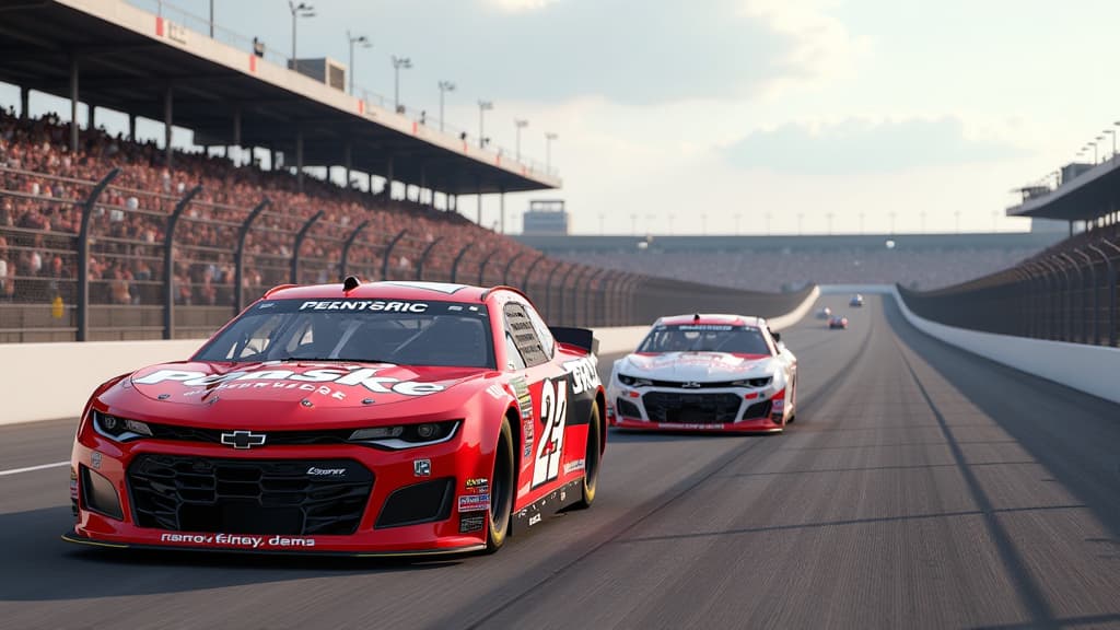  generate an ultra realistic image capturing the thrilling nascar race in st. louis at gateway motorsports park. show austin cindric's victorious moment with his penske team celebrating. include ryan blaney and christopher bell in a tense duel, showcasing blaney running out of fuel. highlight the diverse strategies with bell's fresh tires and penske's track position. depict the intense atmosphere, dramatic twists, and strategic decision making on the oval track. ensure anatomical accuracy of the