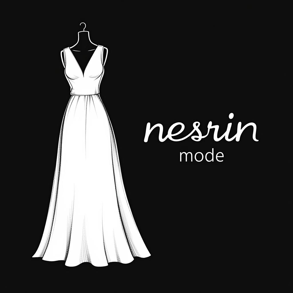  design a logo, in a pencil style. nesrin mode hintergrund schwarz schrift weiß neben ein gezeichnetes langes kleid , with the text 'nesrin mode '.