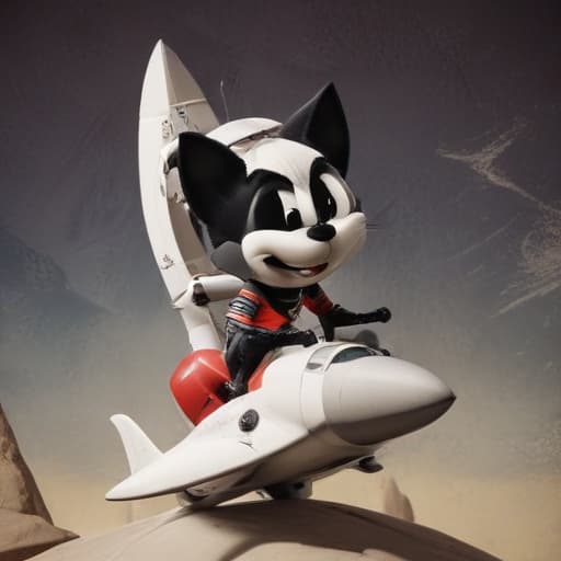 Felix the Cat, flexing his muscles, while riding a Space Shuttle (that says “SouthBest” on the side), from the Los Angeles Coliseum and USC Campus. in Cartoon style with Old Wall background