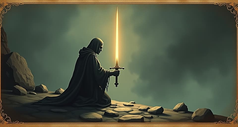  a lone warrior figure kneeling in prayer, wearing a tattered cloak, holding a gleaming sword, light radiating from the sword, hallowed ground, reverence. an illustration in the style of a worn, mystical old tarot trump card, mysterious and elements of surrealism. the colors are muted, somber and eerie, but with contrast bring out an occult and esoteric vibe.