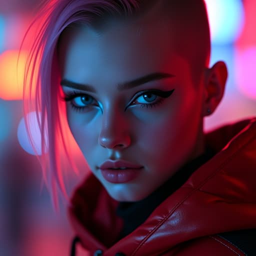  ultra realistic close up portrait ((beautiful pale cyberpunk female with heavy black eyeliner)), blue eyes, shaved side haircut, hyper detail, cinematic lighting, magic neon, dark red city, canon eos r3, nikon, f/1.4, iso 200, 1/160s, 8k, raw, unedited, symmetrical balance, in frame, 8k hyperrealistic, full body, detailed clothing, highly detailed, cinematic lighting, stunningly beautiful, intricate, sharp focus, f/1. 8, 85mm, (centered image composition), (professionally color graded), ((bright soft diffused light)), volumetric fog, trending on instagram, trending on tumblr, HDR 4K, 8K