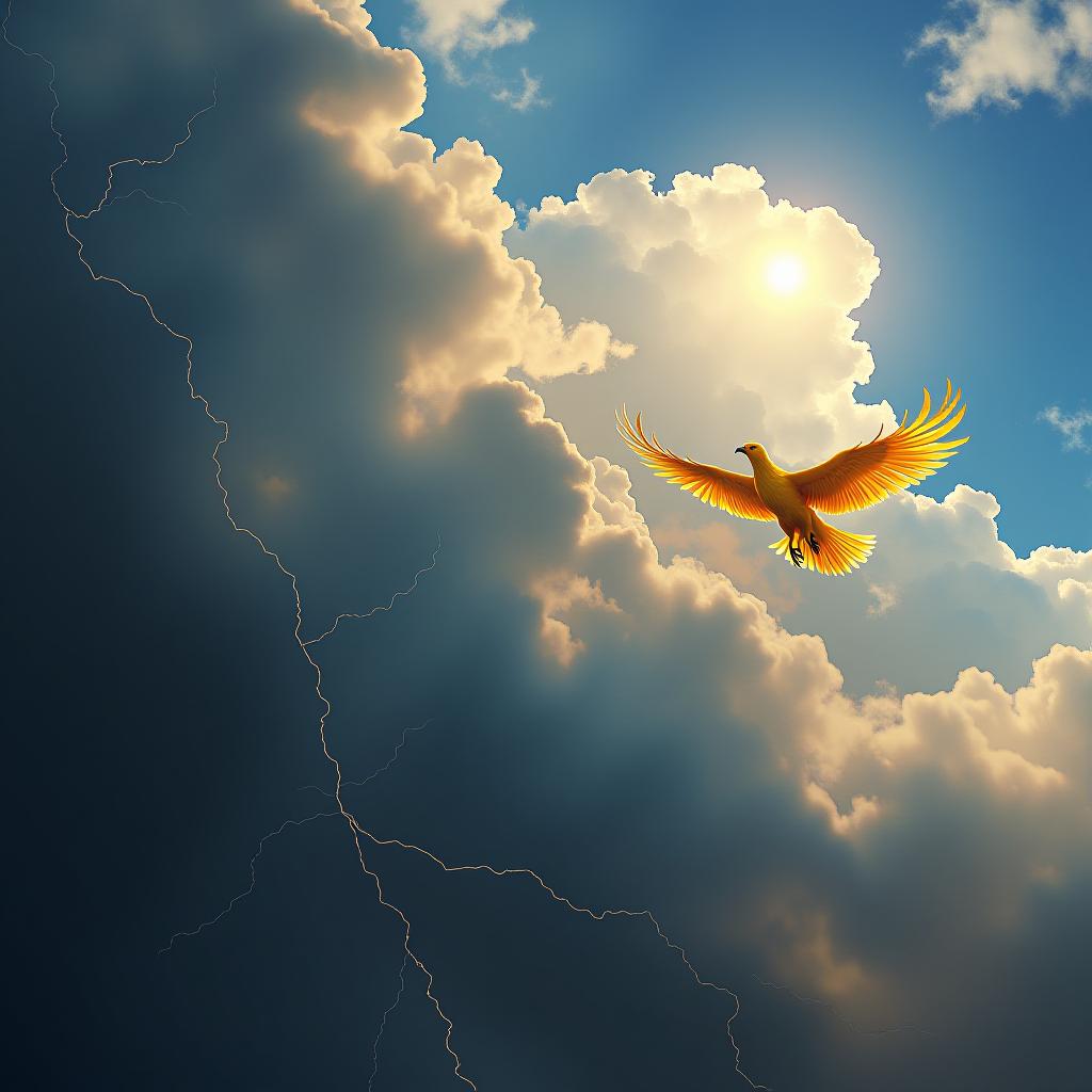  a storm with thunder with a clear blue sky and the sun shining bright with a golden phoenix flying by that integrates the sentence:: there has never been a storm that did not end. :: the text should stand out.