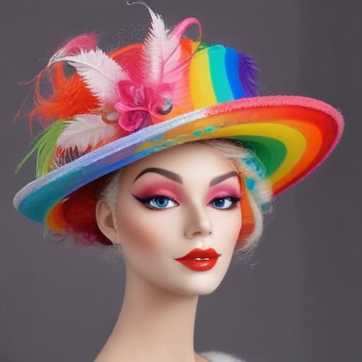 Rainbow drag queen cowboy top hat and headdress tuxedo with spur white Elizabethan collar wand parasol in the style of kids' crayon art