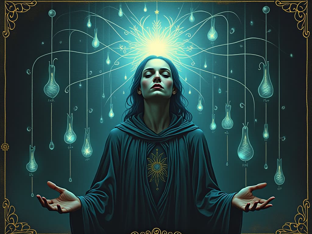  a mystical figure, illuminated by a faint blue glow, surrounded by ethereal light streams, eyes closed in deep concentration, threads connecting to myriad forms, introspective, enlightened. an illustration in the style of a worn, mystical old tarot trump card, mysterious and elements of surrealism. the colors are muted, somber and eerie, but with contrast bring out an occult and esoteric vibe.