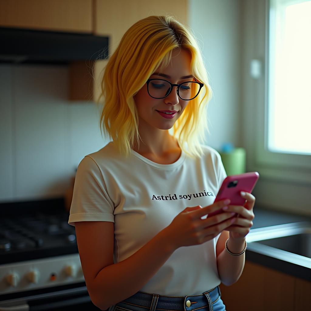  a lady, with yellow hair, who wears glasses that is in the kitchen with her colored smartphone with a white t shirt that says astrid soy unica hyperrealistic, full body, detailed clothing, highly detailed, cinematic lighting, stunningly beautiful, intricate, sharp focus, f/1. 8, 85mm, (centered image composition), (professionally color graded), ((bright soft diffused light)), volumetric fog, trending on instagram, trending on tumblr, HDR 4K, 8K