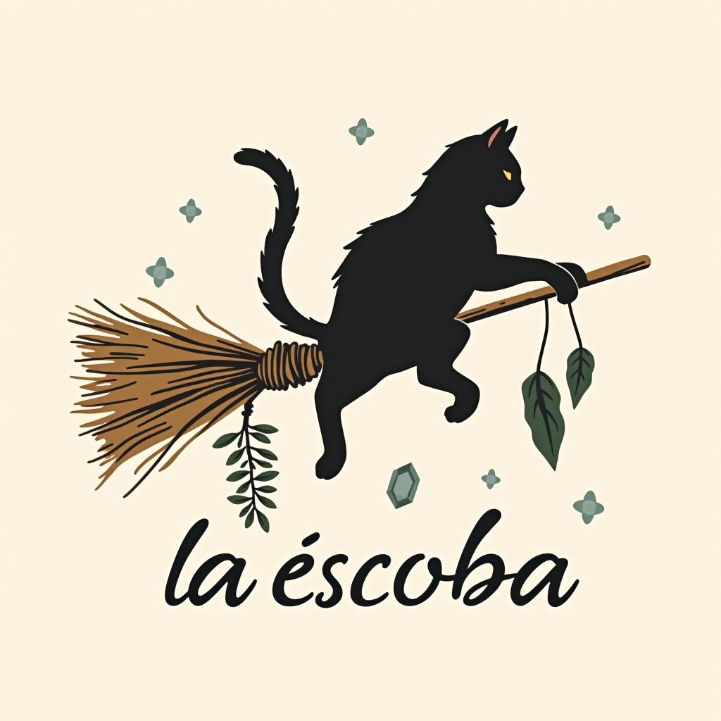  design a logo, in a minimalism style. witchy, black cat riding on a broom, dried herbs hanging off broom, cottage core aesthetic, crystals,spells, with the text 'la escoba'.