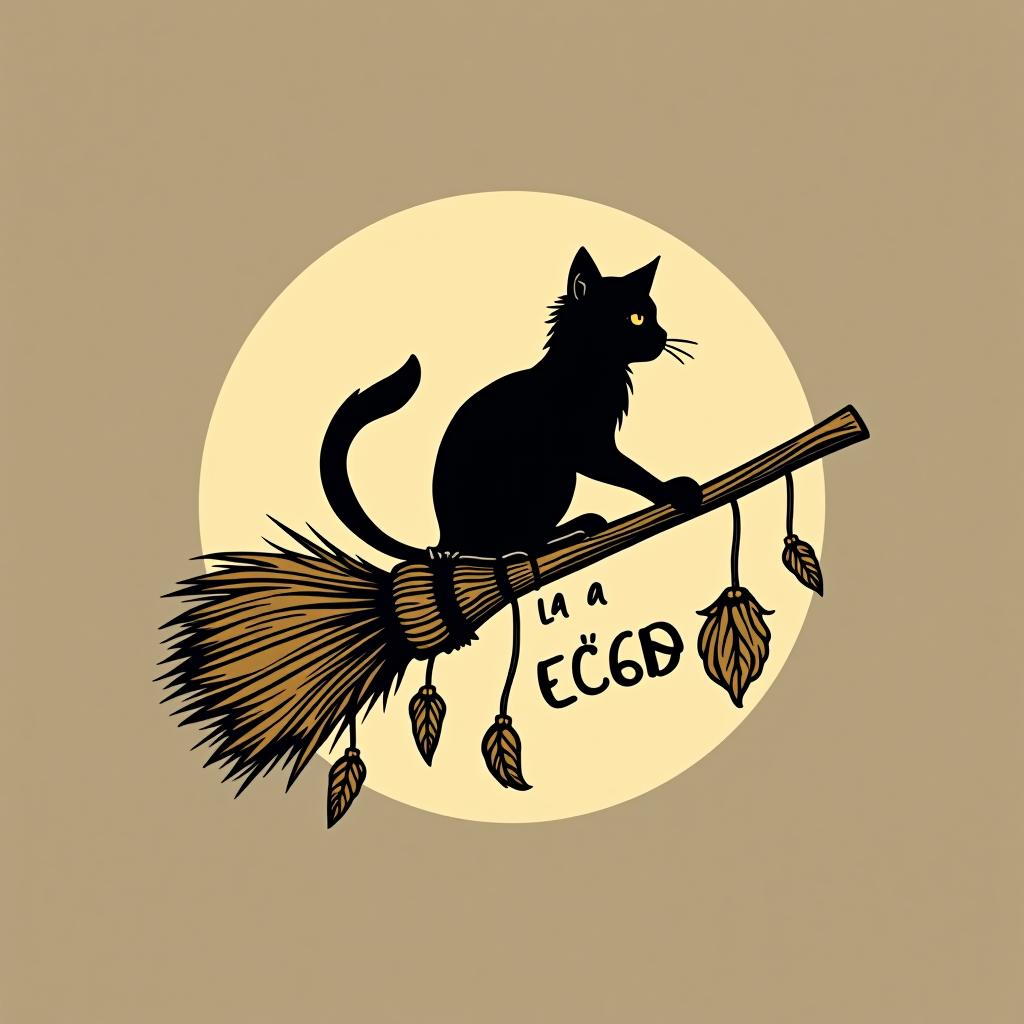  design a logo, in a minimalism style. witchy, moon, black cat silhouette riding on a broom, dried herbs hanging off broom, cottage core aesthetic, crystals,spells, with the text 'la escoba'.